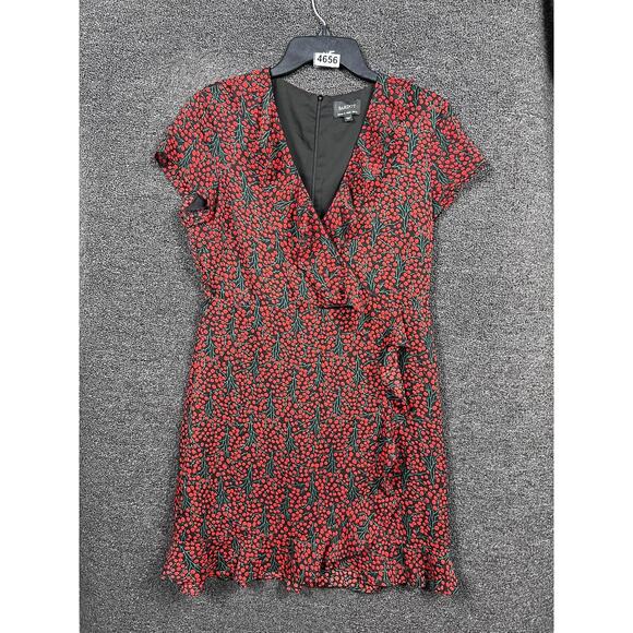 Bardot Dress Womens Large US 10 Black Red Wrap Tie Waist Ruffle Hem Short Sleeve - Picture 1 of 10
